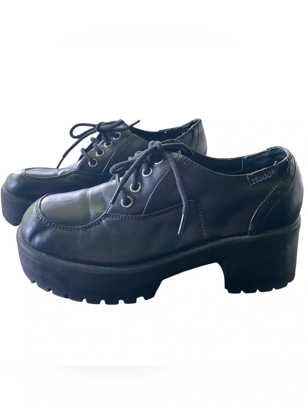 Vintage Mudd Black Faux Vegan Leather Chunky Heel Platform Oxford Y2K 90s Size 7